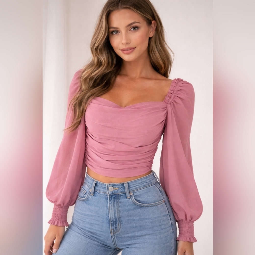 ASTR The Label Dusty Rose Ruched Puff Sleeve Blouse Square Neck Smocked Cuffs